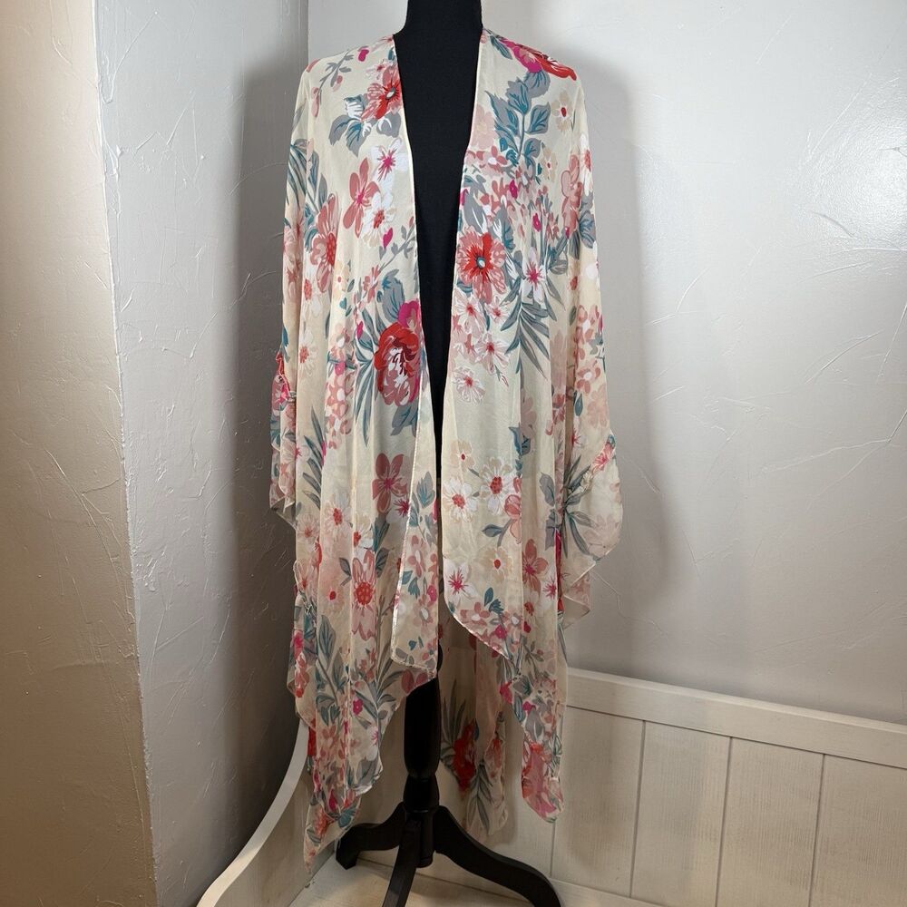 Torrid Sheer Floral Colorful Ruffle Wrap Poncho Kimono O/S *FLAW* Beachy Coastal